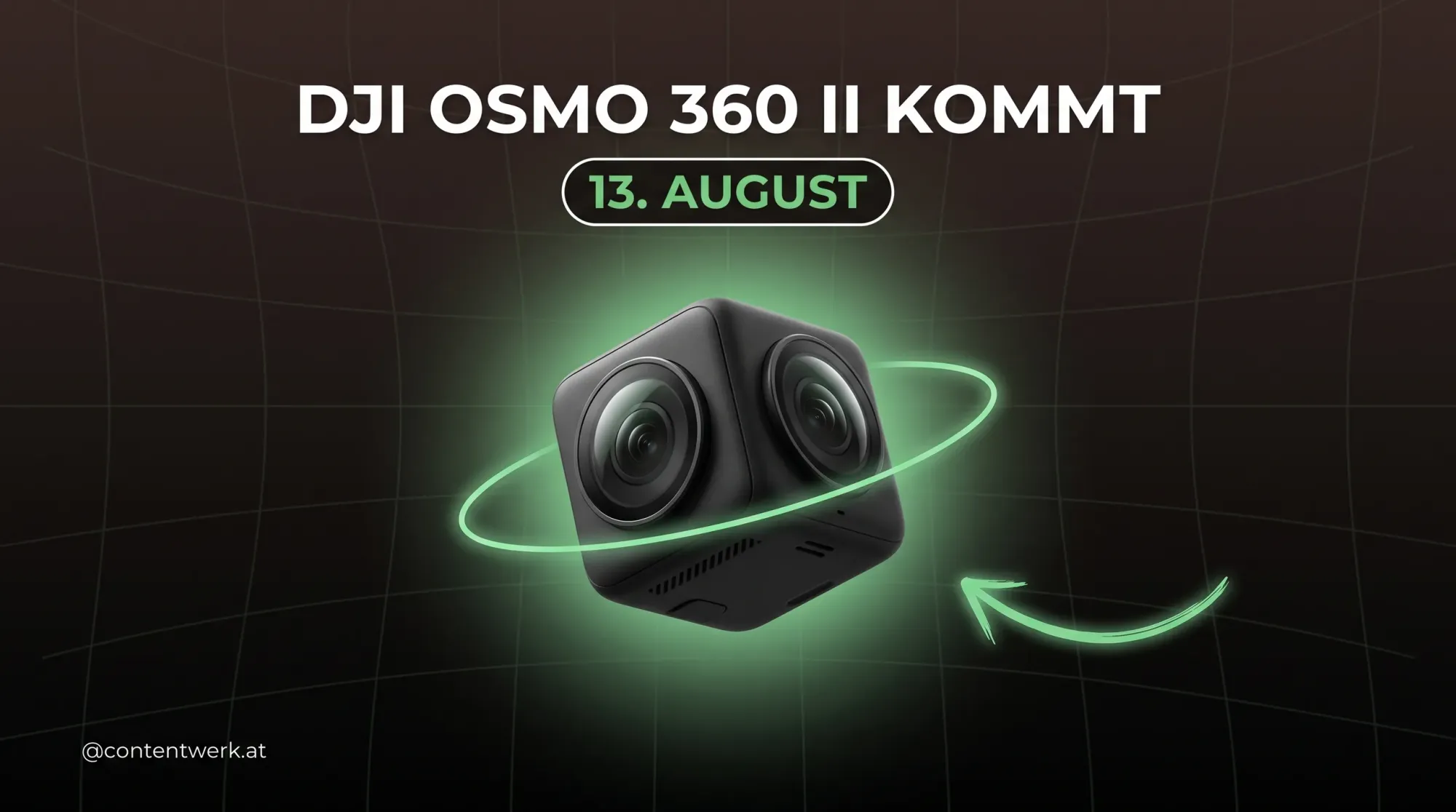 DJI Osmo 360 II als 3D-Grafik mit Launch-Datum 13. August, 360-Kamera für Solo-Creator