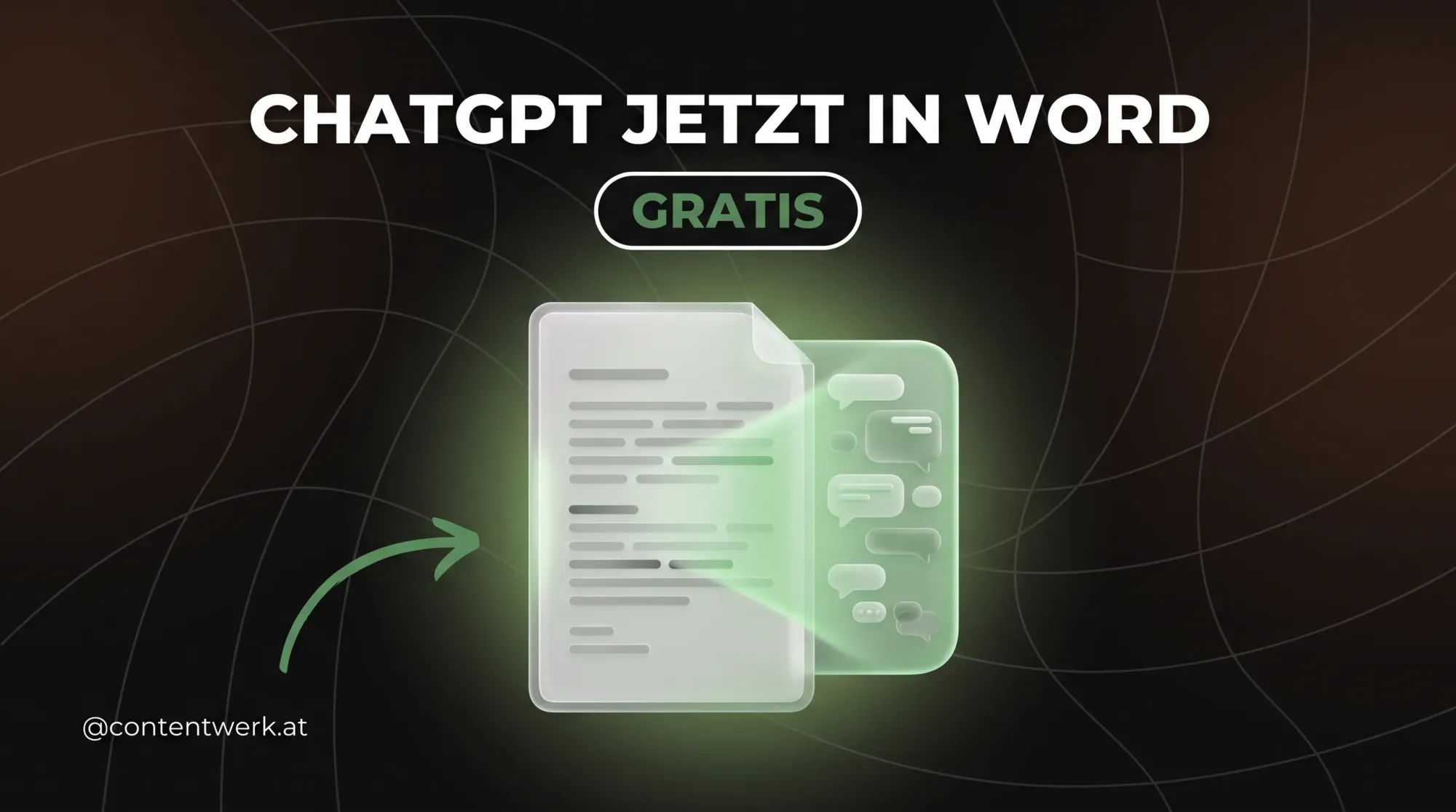 ChatGPT in Word als kostenloses Add-in: Dokument mit KI-Seitenleiste als 3D-Grafik auf dunklem Hintergrund