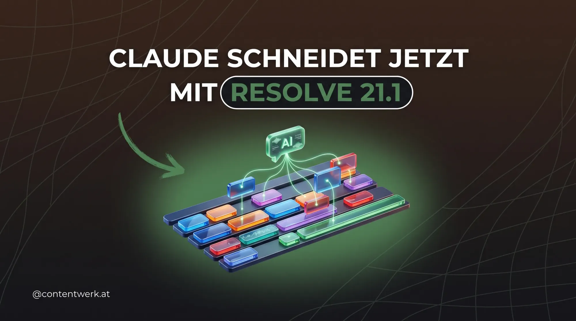 DaVinci Resolve 21.1 Cover: Claude schneidet per MCP mit, stilisierte Timeline mit KI-Assistent