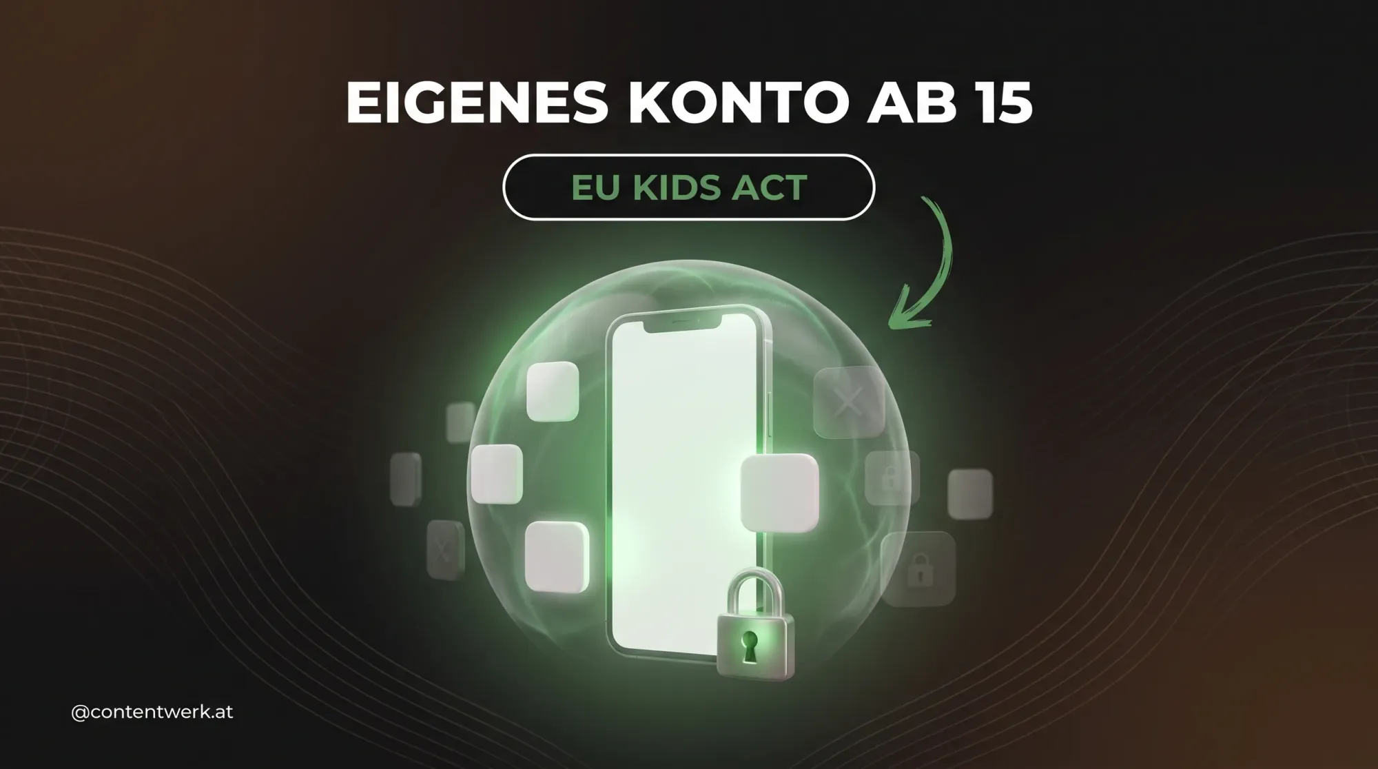 3D-Smartphone mit Schutzkuppel und Schloss als Symbol für EU Kids Act und Social-Media-Verbot