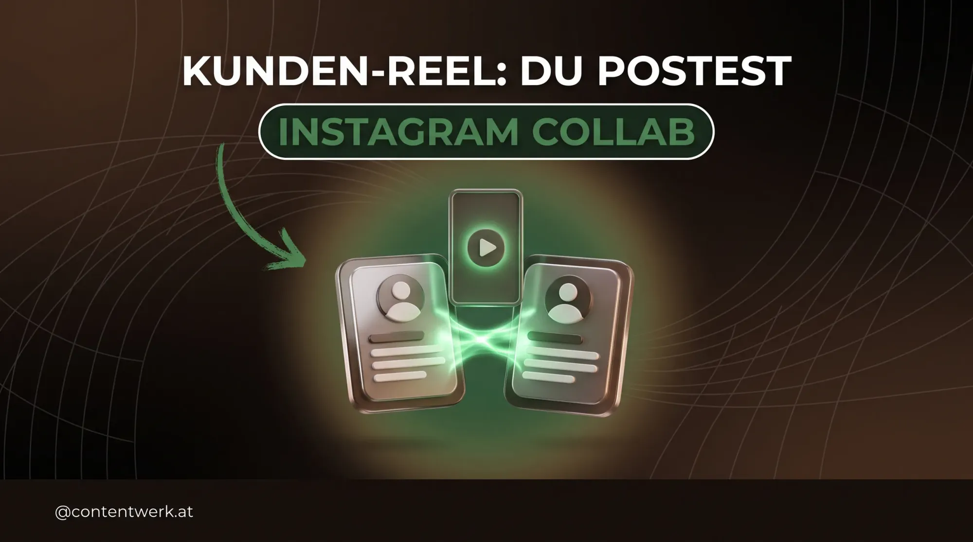 Instagram Collab-Post: zwei Profilkarten teilen sich über eine grüne Lichtbrücke ein Kunden-Reel