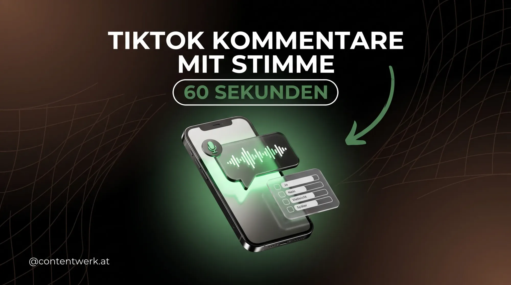 Smartphone mit TikTok Sprachkommentar als Audiowelle und Umfrage-Karte für Solo-Creator