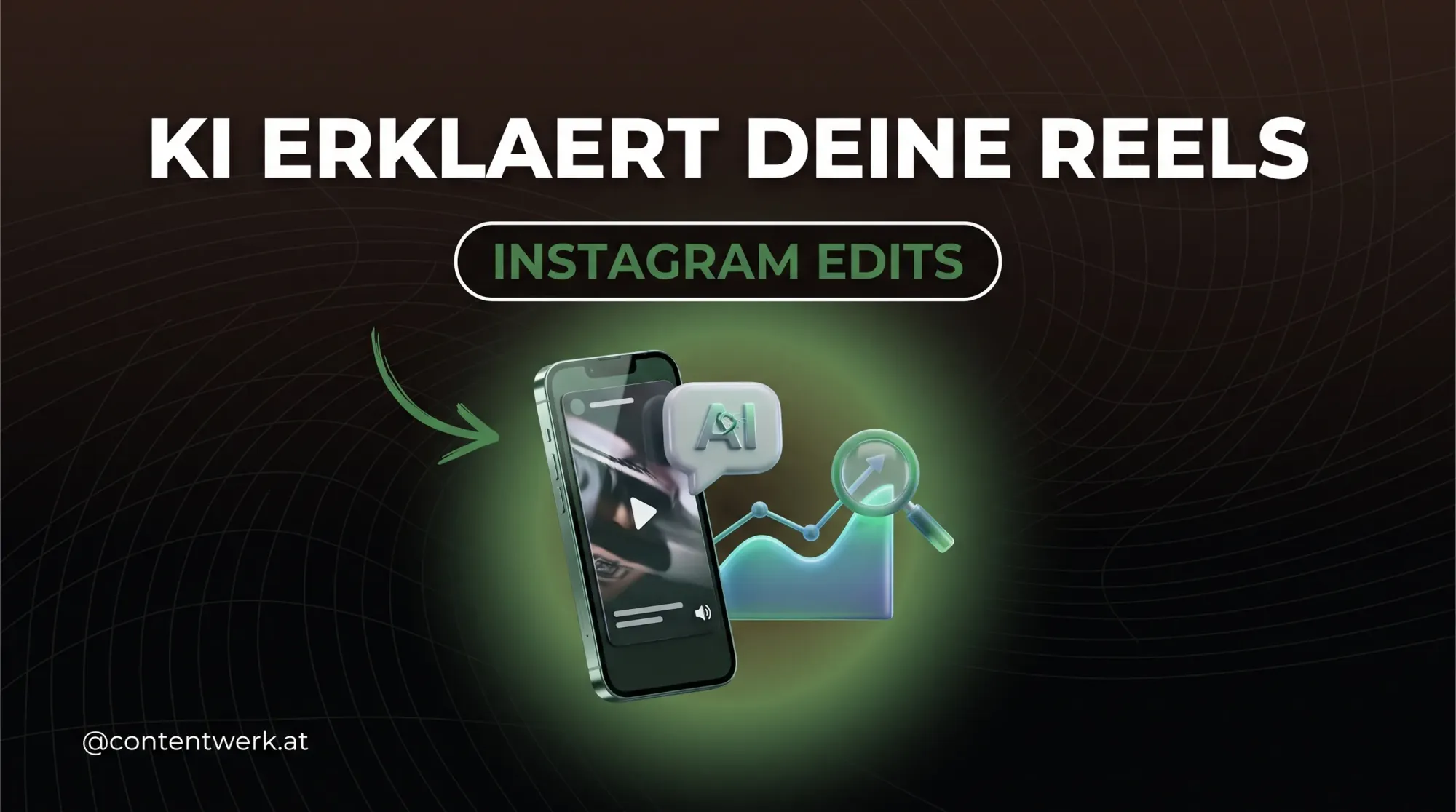 Instagram Edits KI-Assistent analysiert Reels: Smartphone mit Chatblase und steigender Kurve