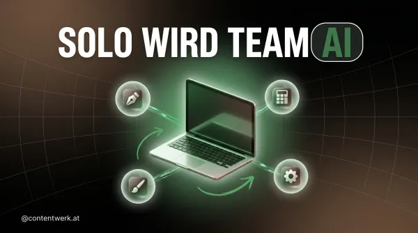 Solopreneur Laptop mit vier orbitierenden KI-Tool-Orbs als Team-Equivalent auf ContentWerk-Hintergrund