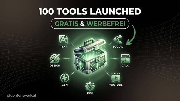 Glühende Toolbox mit 7 Tool-Kategorien — sharpdev.tools 100 Tools Launch, gratis und werbefrei