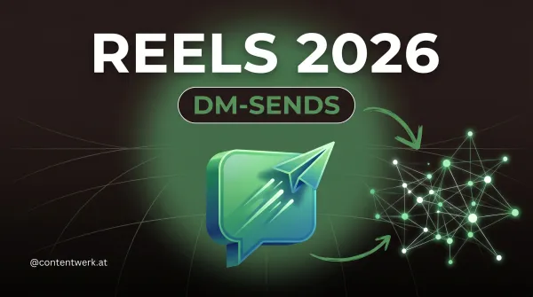 Grafik mit dem Text Reels 2026 und DM-Sends visualisiert den neuen Instagram Algorithm für Creator.