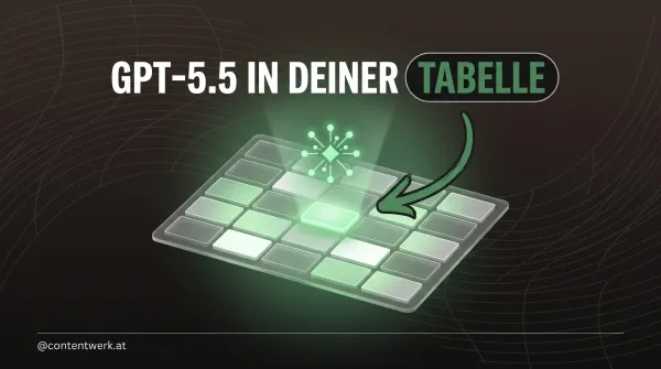 Schwebende Tabelle mit leuchtender KI-Zelle und grünem Pfeil zur GPT-5.5 Integration