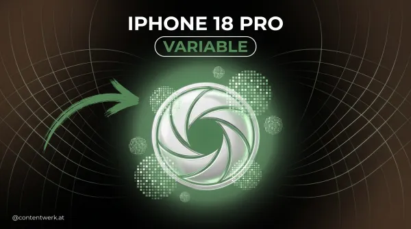 Abstrakte Kamera-Blendenmechanik mit gruenen Pixelgittern auf dunklem Cover — iPhone 18 Pro Variable Blende