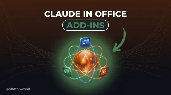 Claude-Orb mit drei Office-App-Panels verbunden — Anthropic Add-ins fuer Excel, Word und PowerPoint