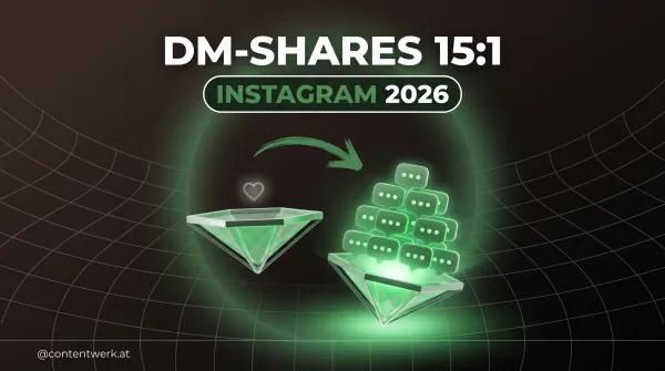 Instagram 2026: DM-Shares schlagen Likes 15 zu 1 — zwei Waagschalen mit Hearts vs Message-Bubbles