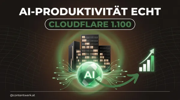 Cloudflare 1.100 Layoffs trotz Rekord-Umsatz: AI-Orb vor sich verdunkelnden Office-Buero-Fenstern und steigender Revenue-Chart