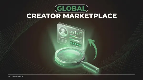 3D-Grafik mit Creator-Profilkarte und Lupe über Suchinterface, Symbol für Meta Creator Marketplace global Brand-Discovery DACH