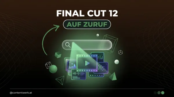 Final Cut 12 Visual Search Cover mit Lupe Suchleiste und Filmclips in ContentWerk Gruen