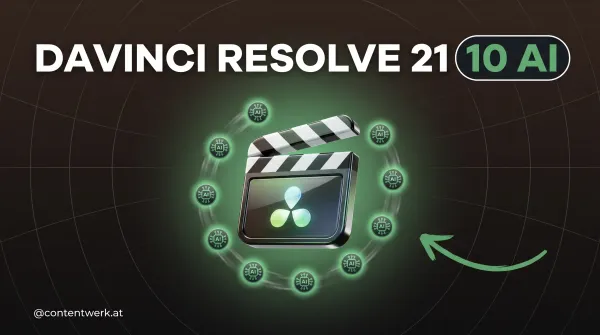 DaVinci Resolve 21 Cover mit Clapperboard und 10 orbitierenden KI-Circuit-Nodes auf ContentWerk-Hintergrund
