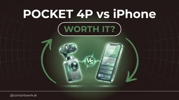 DJI Pocket 4P Dual-Lens-Pocketcam neben iPhone als Vergleichs-Cover für ContentWerk Solopreneur-Kauftest