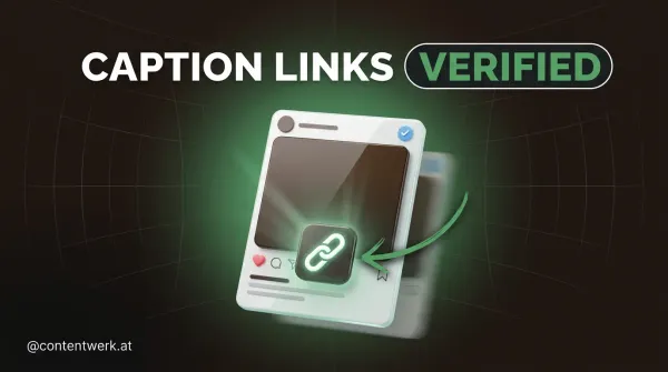 Instagram Caption Links Cover mit schwebender Post-Karte glowing Hyperlink-Icon und Verified-Badge auf ContentWerk-Hintergrund