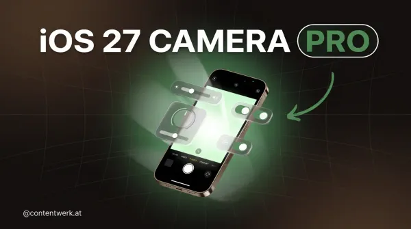 iPhone mit iOS 27 Camera-App und anpassbaren Pro-Control-Widgets fuer Creator auf ContentWerk-Hintergrund