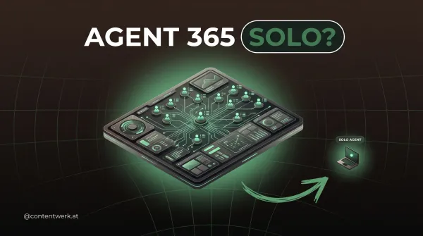 Microsoft Agent 365 Dashboard mit vielen KI-Agents neben einzelnem Solopreneur-Laptop in ContentWerk-Optik