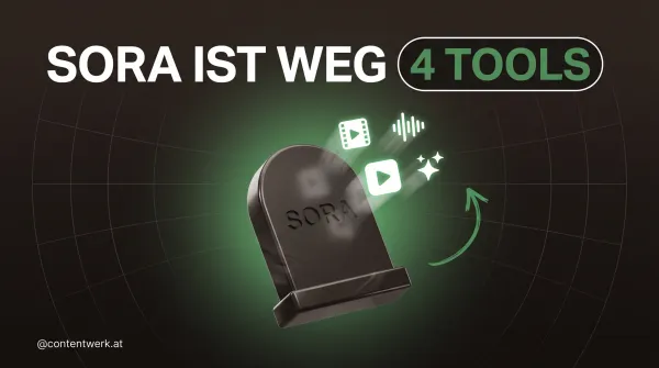 Sora abgeschaltet Cover mit Tombstone und vier aufsteigenden KI-Tool-Icons fuer ContentWerk Solos