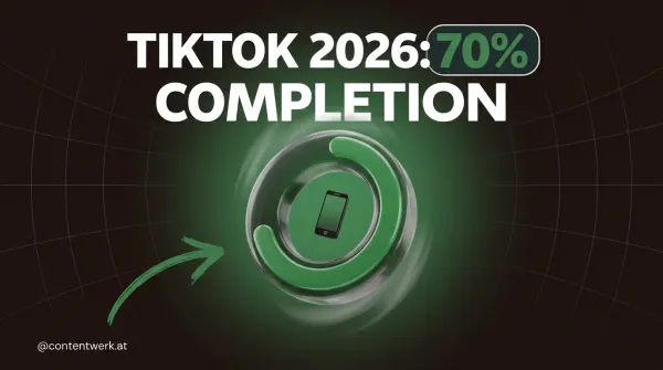 TikTok 2026 Completion-Rate Cover mit 70-Prozent-Progress-Meter und Smartphone-Silhouette auf ContentWerk-Hintergrund