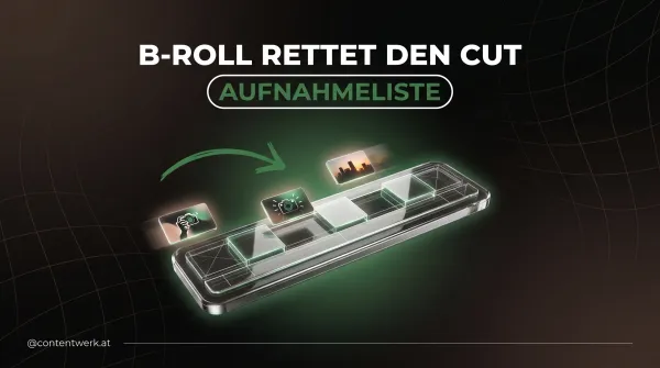 Cover zum Thema B-Roll filmen mit Schnitt-Timeline und einfliegenden Clip-Kacheln in ContentWerk-Gruen