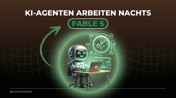 3D-Roboter am naechtlichen Schreibtisch mit leuchtender Uhr, Symbol fuer geplante KI-Agenten mit Claude Fable 5