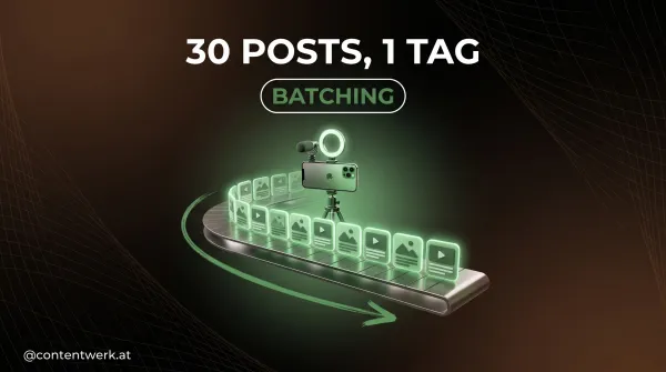Cover zu Content Batching zeigt ein Kamera-Setup auf Fliessband das 30 identische Content-Kacheln produziert