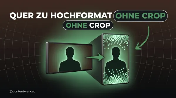 Horizontales Video-Frame wird per KI-Reframe zu vertikalem Hochformat erweitert ohne Crop, ContentWerk Cover.