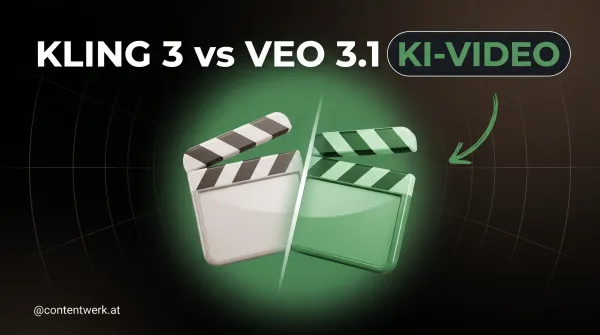 Vergleichsgrafik Kling 3.0 vs Veo 3.1 KI-Video-Tools für Selbstständige mit zwei Filmklappen-Icons