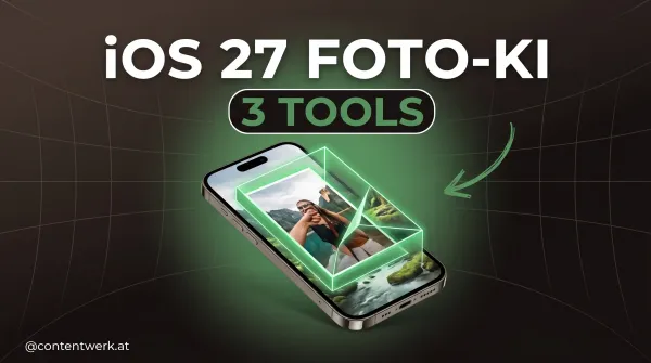 Smartphone zeigt iOS 27 Foto-Tool Extend, das den Bildrand mit KI erweitert, ContentWerk-Cover.