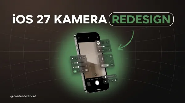 iOS 27 Kamera-App Redesign mit anpassbaren Widget-Panels auf einem 3D-Smartphone, ContentWerk-Cover