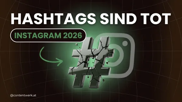 Grafik zu Instagram-Hashtags 2026: zerbrechendes Hashtag-Symbol, Hinweis auf neue Reichweite-Regeln für Selbstständige.