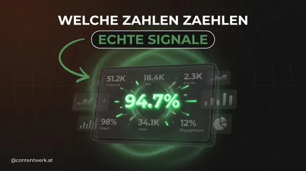 Cover zu Creator Metriken die zaehlen, glowing Dashboard mit gruener Kennzahl und verblassenden grauen Vanity-Zahlen