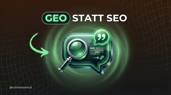 GEO statt SEO Cover mit 3D-KI-Antwortblase und Zitatzeichen in ContentWerk-Gruen, Thema KI-Suche 2026.