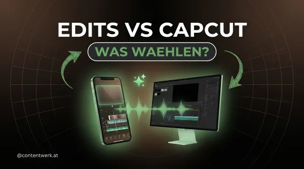 Vergleich Instagram Edits und CapCut mit Smartphone, Desktop-Monitor und Audio-Wellenform fuer Solo-Creator 2026