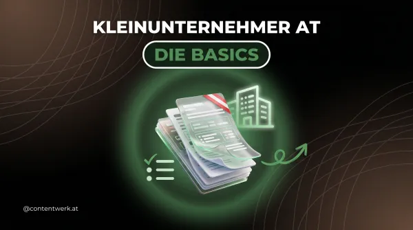 Kleinunternehmer Österreich Cover mit 3D-Dokumentenstapel, grüner Haken-Liste und WKO-Gebäude-Icon