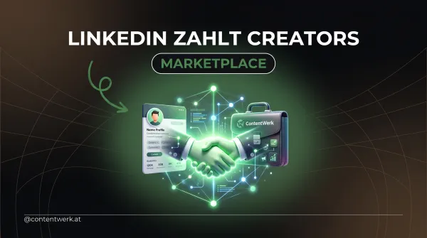 LinkedIn Creator Marketplace verbindet Solos mit Marken fuer bezahlte Kooperationen — Handshake-Grafik mit Netzwerk-Knoten.