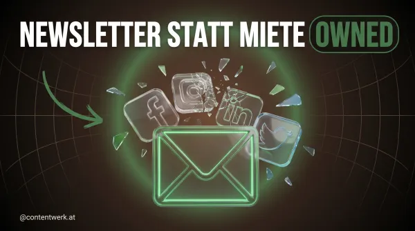 Cover zu Newsletter aufbauen fuer Selbstständige, stabiles E-Mail-Symbol neben zerbrechenden Plattform-Icons