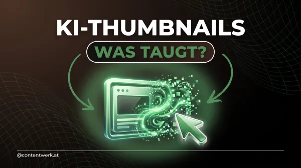 Cover zu Thumbnails mit KI erstellen, glowing Thumbnail-Rahmen aus KI-Pixeln mit gruenem Klick-Cursor
