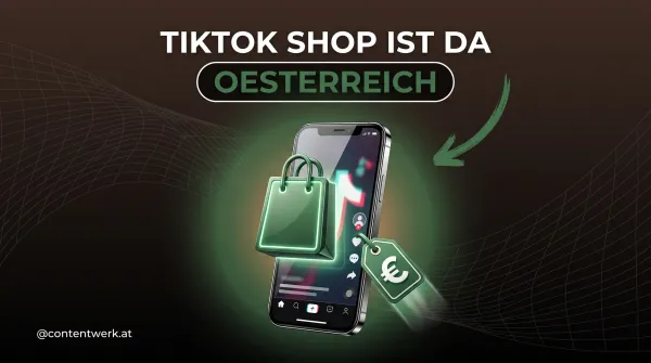 Cover zu TikTok Shop Österreich mit Smartphone und grüner Einkaufstasche, content-getriebenes Verkaufen für Solo-Creator
