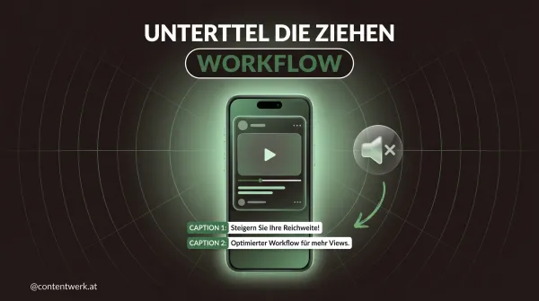 Cover zu Untertitel Video Workflow mit Smartphone-Frame, Caption-Balken und stummem Lautsprecher-Symbol