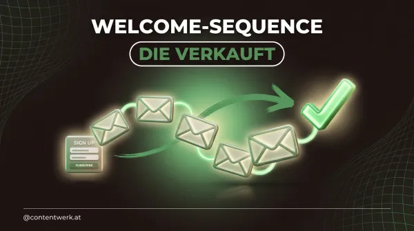 Cover zur Welcome Sequence E-Mail mit Kette aus fuenf E-Mail-Umschlaegen und gruenem Verkaufs-Haken