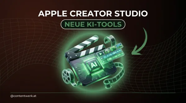 Apple Creator Studio 2026 KI-Tools Cover mit 3D-Filmklappe und Schnitt-Timeline in ContentWerk-Gruen.