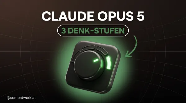 Claude Opus 5 Cover mit Regler-Grafik und drei Denk-Stufen fuer Solo-Creator