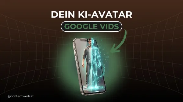 Cover zeigt digitalen KI-Avatar der aus einem Smartphone tritt, Titel Dein KI-Avatar Google Vids fuer Creator.