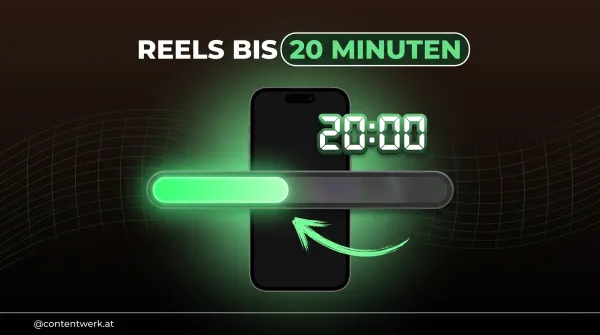 Instagram Reels bis 20 Minuten Cover mit gruenem Fortschrittsbalken und Reichweiten-Grenze fuer Selbststaendige und Solo-Creator