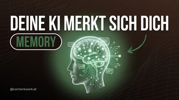3D-Kopf aus Neuronen und Chat-Bubbles symbolisiert KI-Gedaechtnis von ChatGPT, Claude und Gemini fuer Solo-Creator.