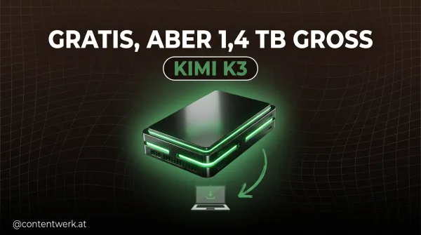 Kimi K3 Gratis-KI-Modell: riesiger Speicherblock ueber winzigem Laptop, 1,4 Terabyte Groessenvergleich