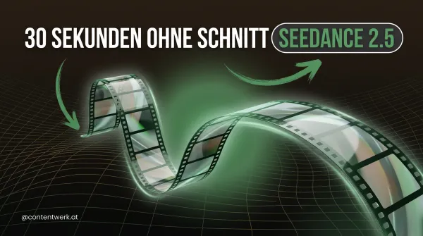 Seedance 2.5 Cover: durchgehender 30-Sekunden-KI-Video-Filmstreifen ohne Schnitt in ContentWerk-Gruen.