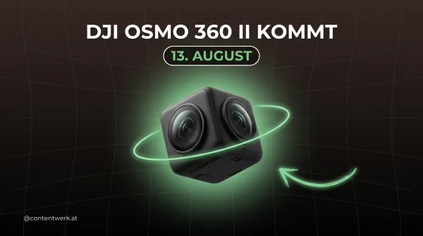 DJI Osmo 360 II als 3D-Grafik mit Launch-Datum 13. August, 360-Kamera für Solo-Creator